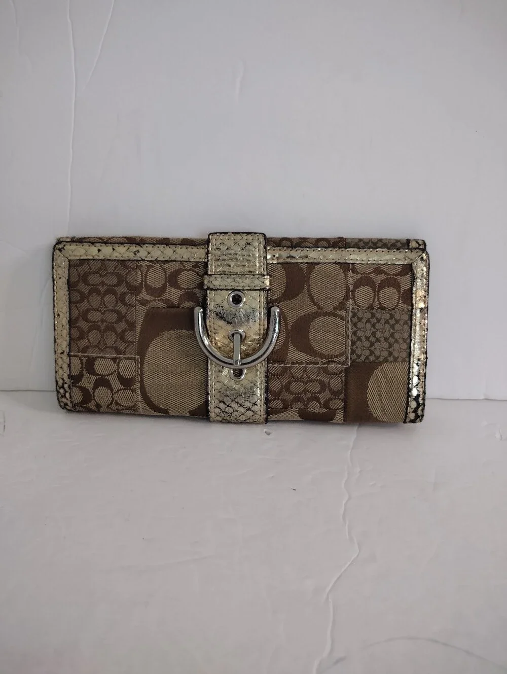 Vintage Y2K Coach Soho Signature Patchwork Snakeskin Wallet Gold Khaki Rare